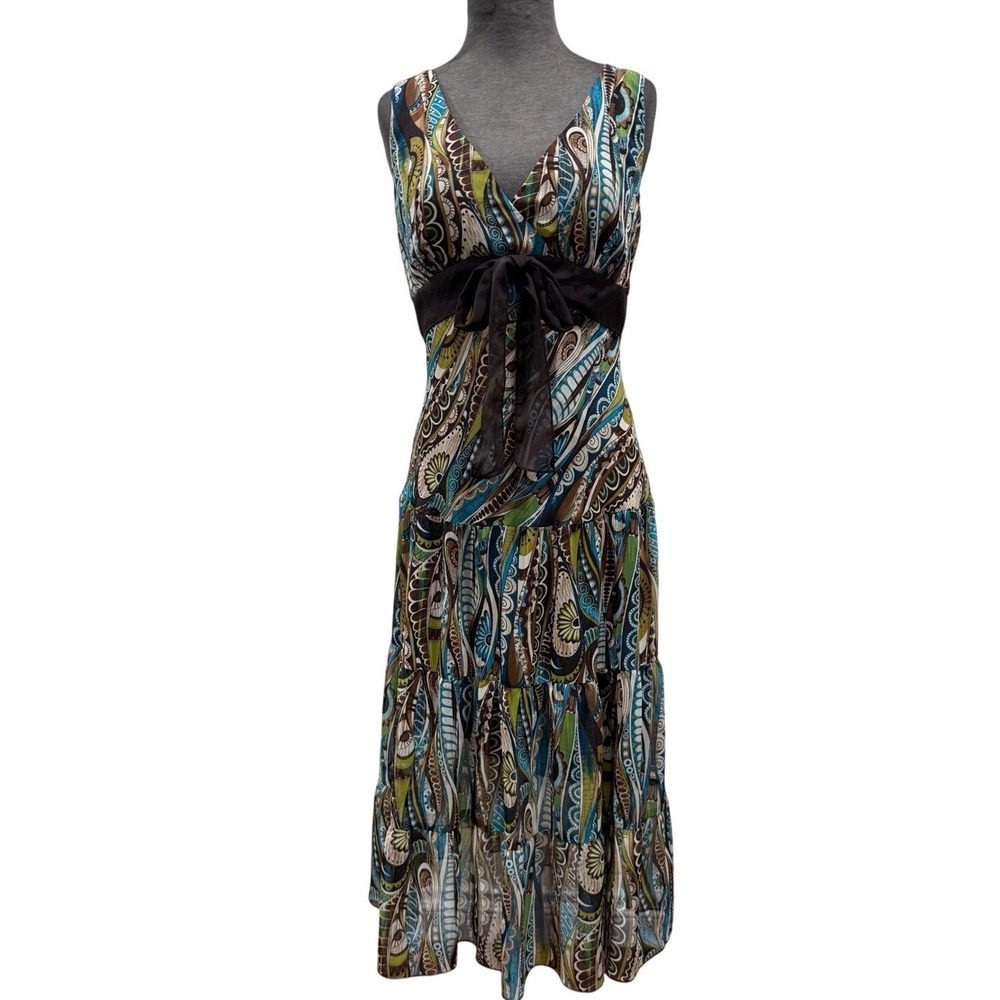 Y2K Connected Apparel Paisley Empire Waist Tiered Midi Dress Blue Green Sz 8